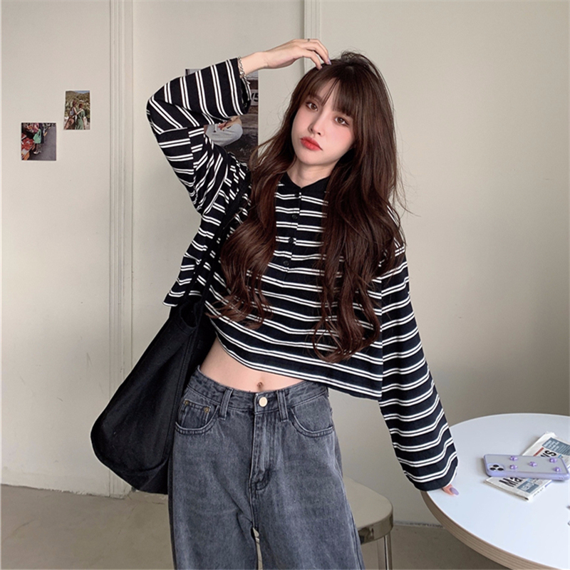 Real shot 6535 cotton autumn 2022 new retro striped long-sleeved T-shirt women's POLO collar button top
