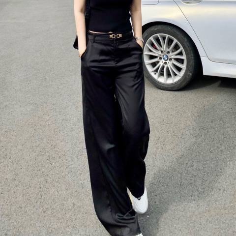 Draping acetate wide-leg pants summer high-waisted trousers with belt all-match satin loose and slim pants for women