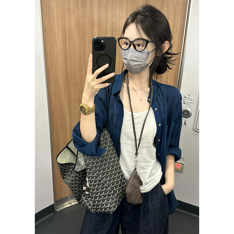 French blue women's spring and autumn thin open jacket top with spaghetti straps, suitable for wearing over a shawl