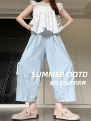 Paper granny pants for women summer 2024 new style high-waisted wide-legged casual straight-legged small blue ice silk carrot pants