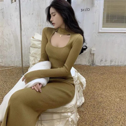 Feminine high-necked hollowed-out sexy breast-showing figure inside dress Slim fit and thin bottoming bag hip long skirt