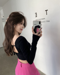 Milk silk hottie square neck long-sleeved T-shirt for women autumn new strappy short backless slim bottoming shirt