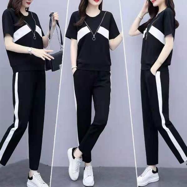 Summer new fashion large size women's wear fat mm loose thin splicing age reducing sports suit foreign style fashionable two-piece set