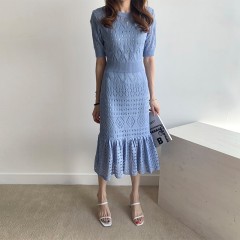 Two piece ice silk knitted dress with flounce cut-out