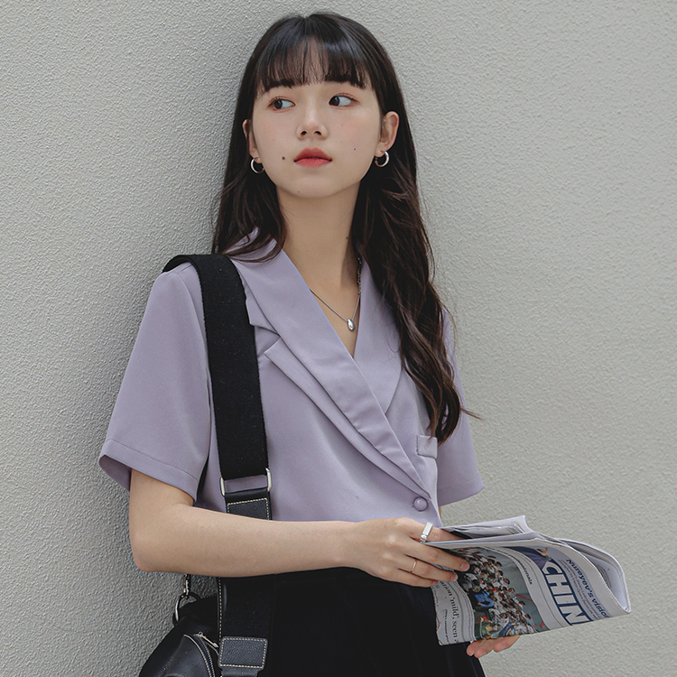 Real shooting suit V-neck Short Sleeve Chiffon shirt women's new summer design sense of minority summer shirt French top