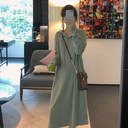 Cotton  autumn and winter new solid color hooded dress women