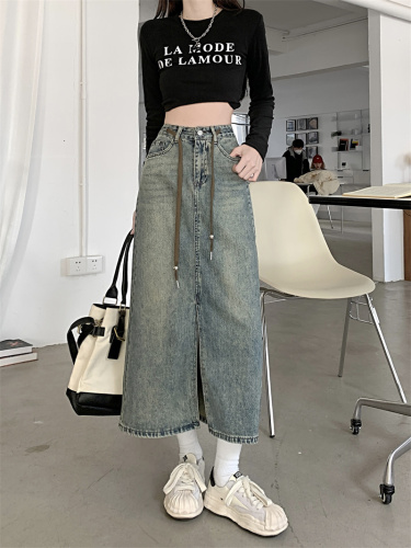 Real shot denim skirt female  spring new high waist thin skirt small man all-match a-line mid-length skirt