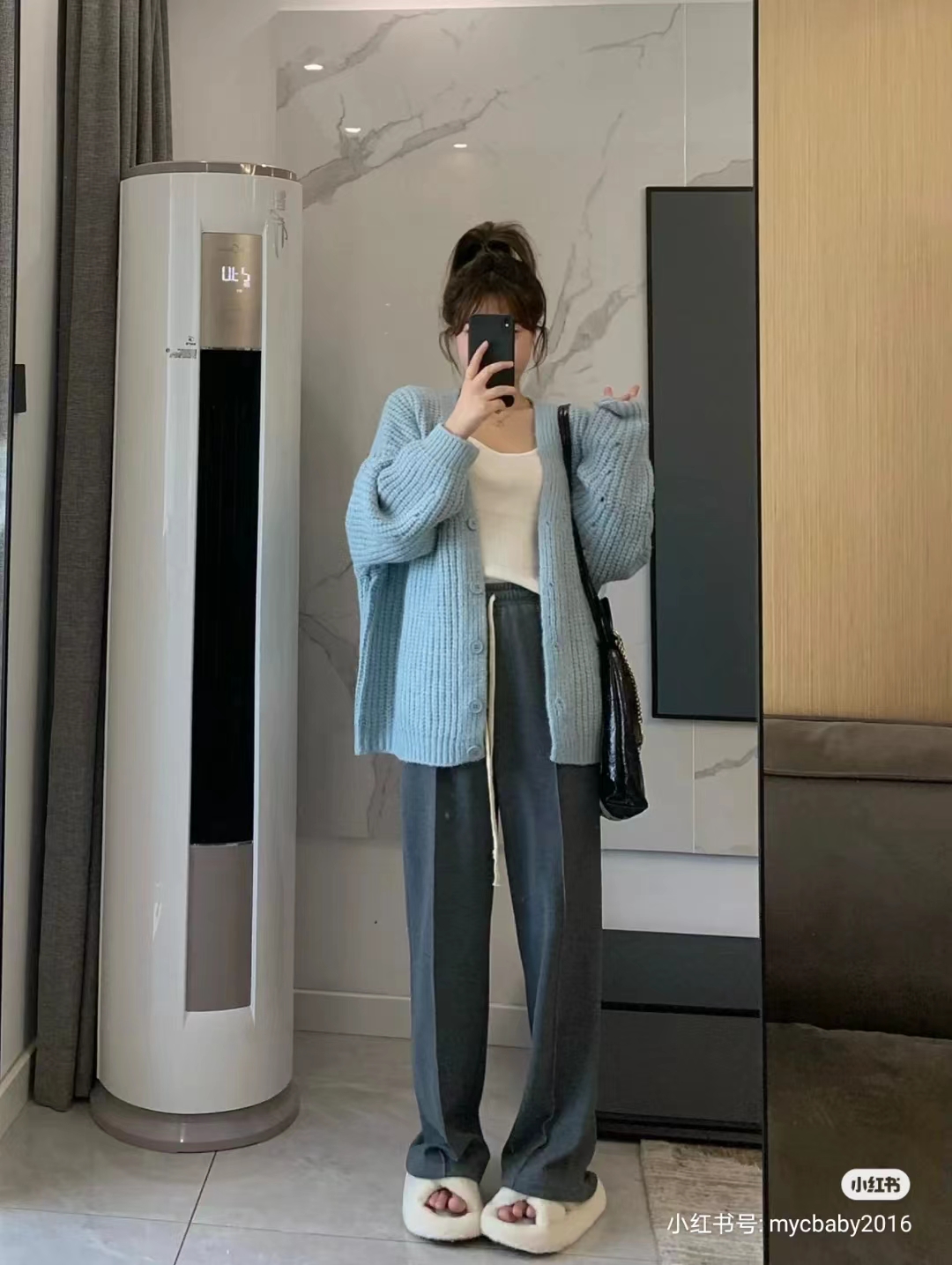Soft milk blue thickened mid-length knitted cardigan women's autumn and winter new loose lazy V-neck thick needle sweater coat