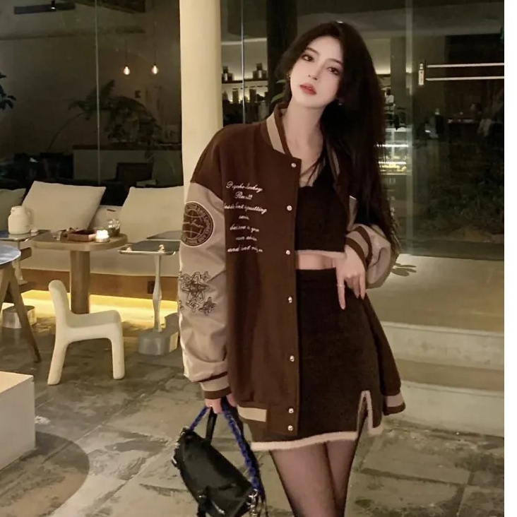 Thickened excellent version of baseball uniform long-sleeved jacket women's autumn Korean version of the retro high-quality loose jacket tide