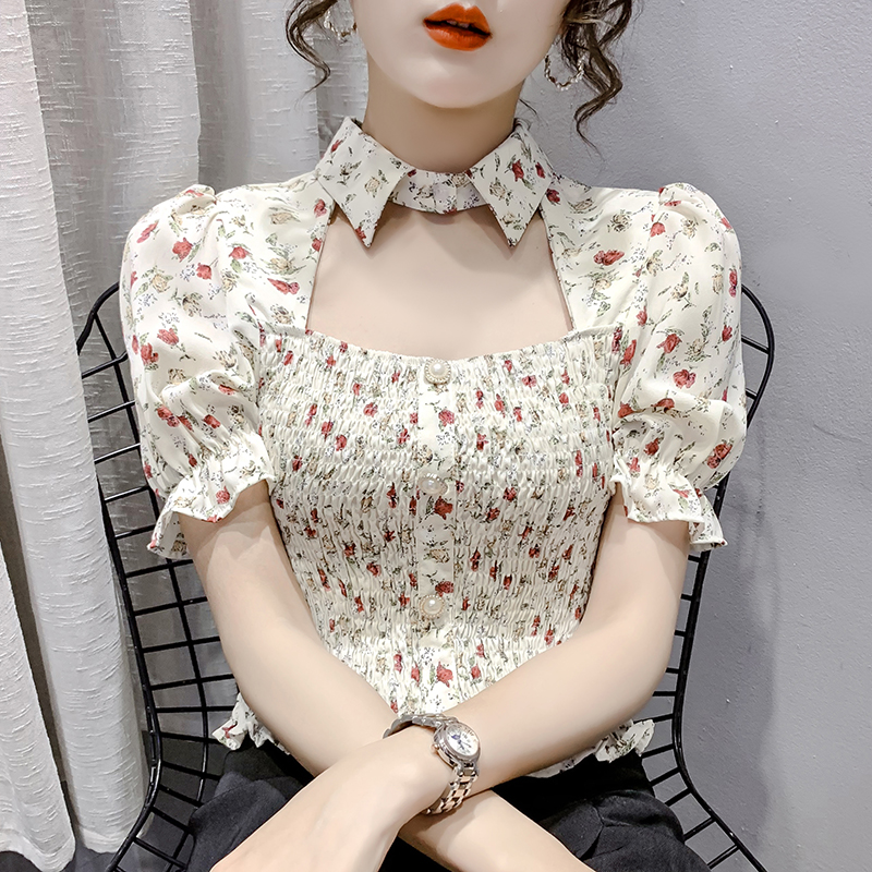 real shot!  2023 summer new Korean style lace shirt top short-sleeved foreign style small shirt short section