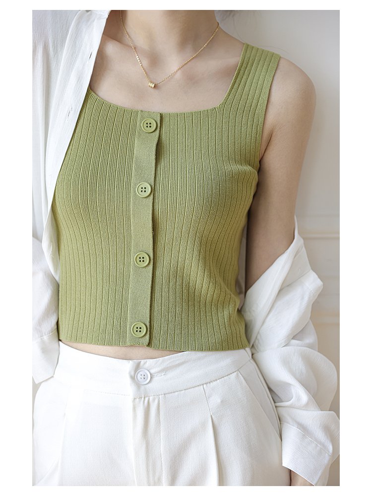 Square neck knitted small suspender vest women's 2022 summer new style outer wear and inner wear short white ice silk bottomed shirt