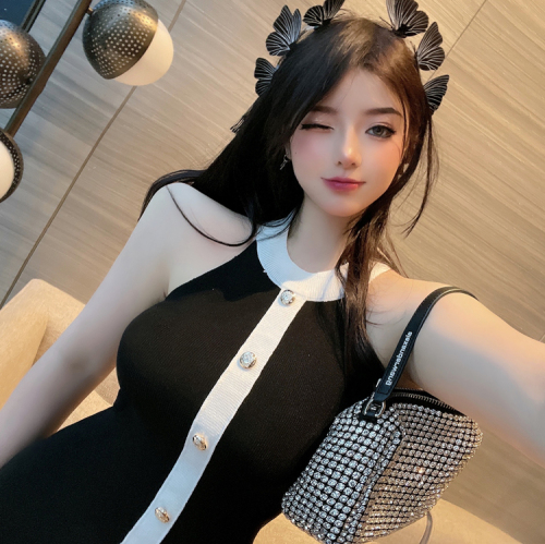 Spring and summer net red girl sexy hanging neck color matching tight Hip Wrap short skirt sleeveless knitted dress women