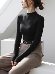 Bottoming shirt for women in autumn and winter, half turtleneck, modern style, pure cotton brushed inner, black and white neutral collar, spring and autumn top, versatile