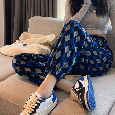 Rhombic plaid pants women's spring and summer loose thin straight tube casual Harlan Pants Small drawstring Leggings women's sports pants