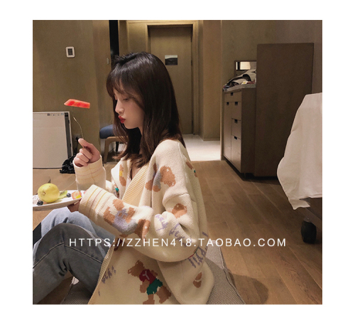 Zhenzhenjia bear knitted cardigan women 2020 relaxed lazy V-Neck Sweater Coat medium length college style