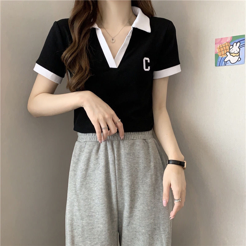 Cotton polo collar short-sleeved t-shirt women's embroidery new Korean version of the student short stitching V-neck slim fit summer tops