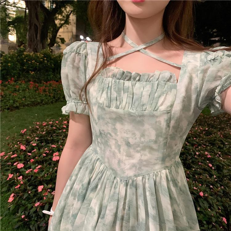Chiffon Fabric Fairy Dress Women's Summer 2023 New Sen Series Irregular Waist Slim Short Sleeve Skirt