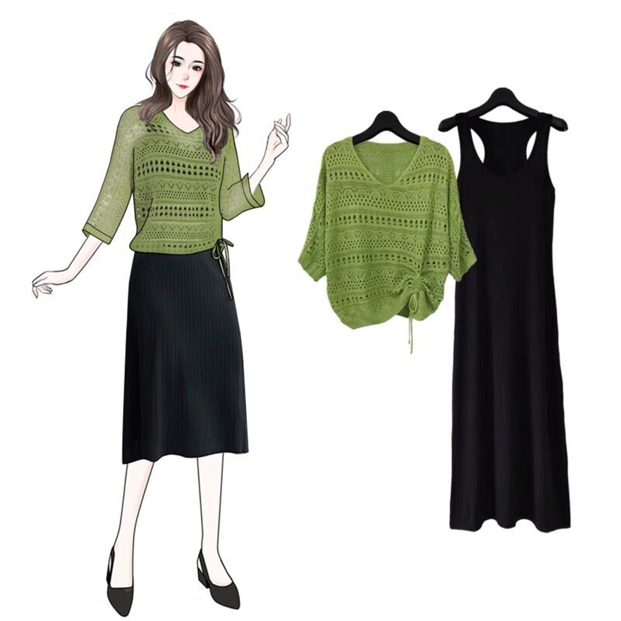 Spring and summer new women's green hole shirt hollowed out sweater blouse thin Batman dress two-piece skirt