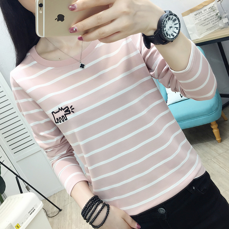 Real shot 95 cotton 5 spandex 2022 autumn new cotton striped embroidery round neck long-sleeved bottoming shirt women