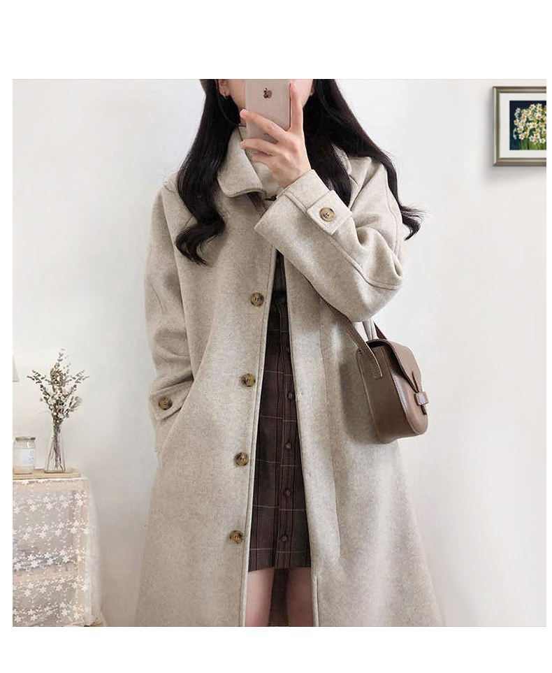 Autumn and winter 2021 new Korean version loose and thin long sleeved tweed coat women's middle long solid color thickened woolen cloth