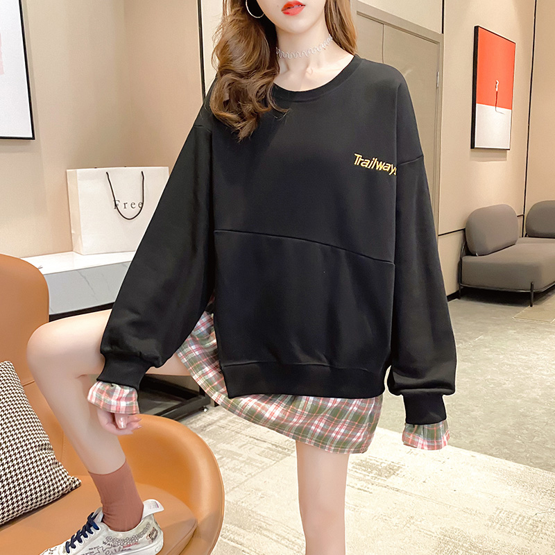 Real shot ~ 75 polyester fiber 25 Cotton autumn new loose mid length fake two piece Plaid Pullover