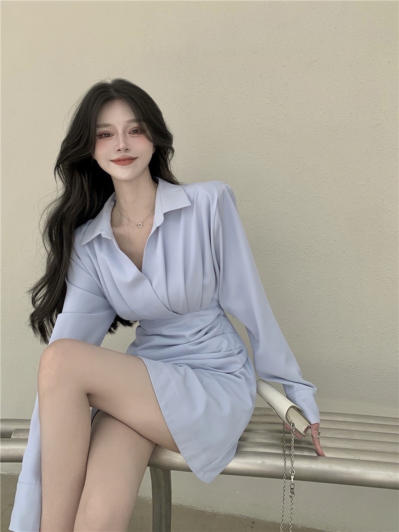Shirt dress women's irregular waist closing long sleeved short skirt autumn and winter new style temperament gentle wind wrapped hip skirt