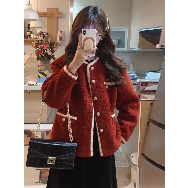 Teddy velvet composite imitation super red small fragrance jacket women's design sense niche top women