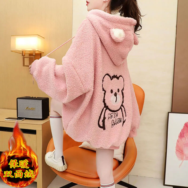 Fried street good quality 380g lamb velvet embroidered sweater women's winter hooded plus velvet thickened plus size women's clothing