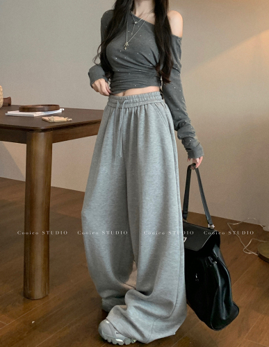 Lazy gray casual pants, autumn sweatpants, women's high-waisted straight pants, wide-leg pants, long trousers, drapey floor-length pants