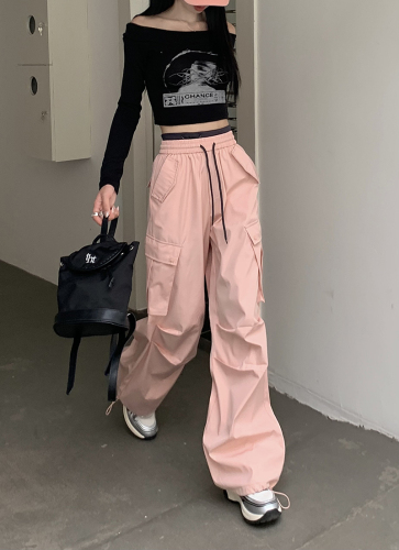 Real price real price one-shoulder top long-sleeved short T-shirt + drawstring overalls showing thin and wide-leg sports casual pants for women