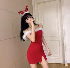 Real shot sexy nightclub slim fit and thin hairy stitching Christmas sling bag hip dress