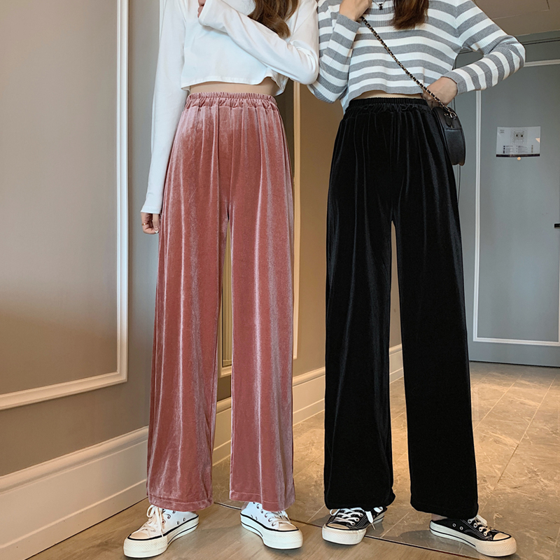 Real shot of Korean version of large size velvet high waist, loose and thin, straight tube casual wide leg pants