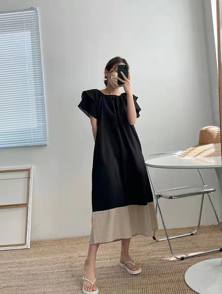 Chic Korean version Feifei sleeve contrast loose and thin dress