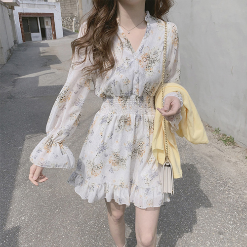 2022 spring and autumn Korean version small fresh waist Ruffle V-neck skirt Vintage printed Floral Chiffon dress women