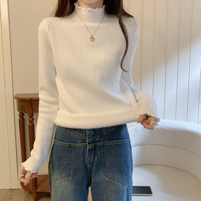 Real shot real price autumn and winter Korean version of slim mink velvet half-high collar wooden ears knitted sweater bottoming sweater