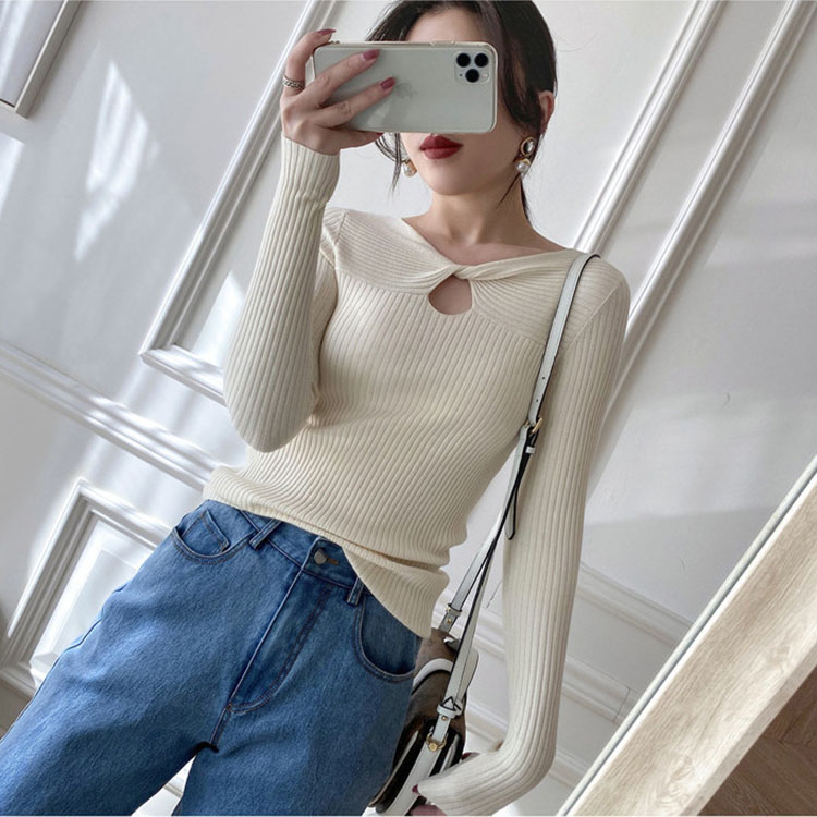 Kink hollow out T-shirt women's early autumn solid design feeling slim and slim V-neck sexy long sleeve top ins fashion