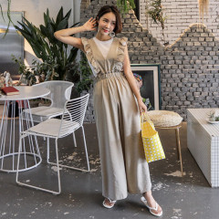 Ruffle V-neck show thin strap wide leg pants pants 2021 summer rubber waist linen Leggings Jumpsuit large