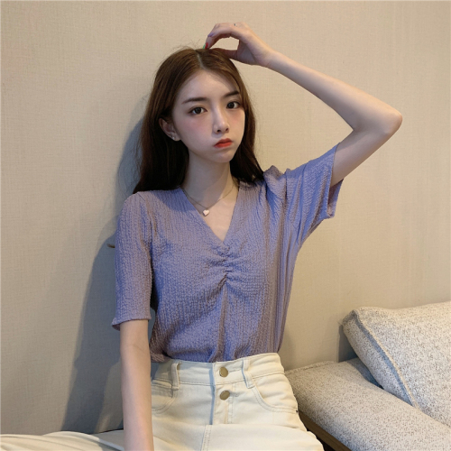 Real photo real price new pleated loose V-neck versatile T-shirt base