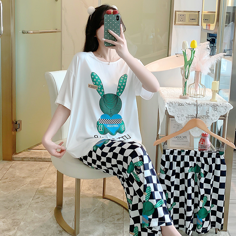 Real shooting of 2022 new summer snow silk three piece Sweet cartoon pajamas short sleeved shorts long pants home clothes