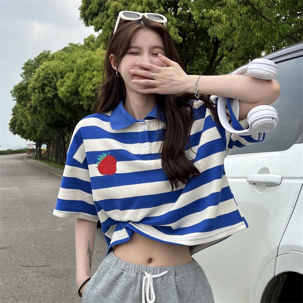 Cotton 2022 New Short Sleeve T-Shirt Women POLO Neck Stripe Embroidery