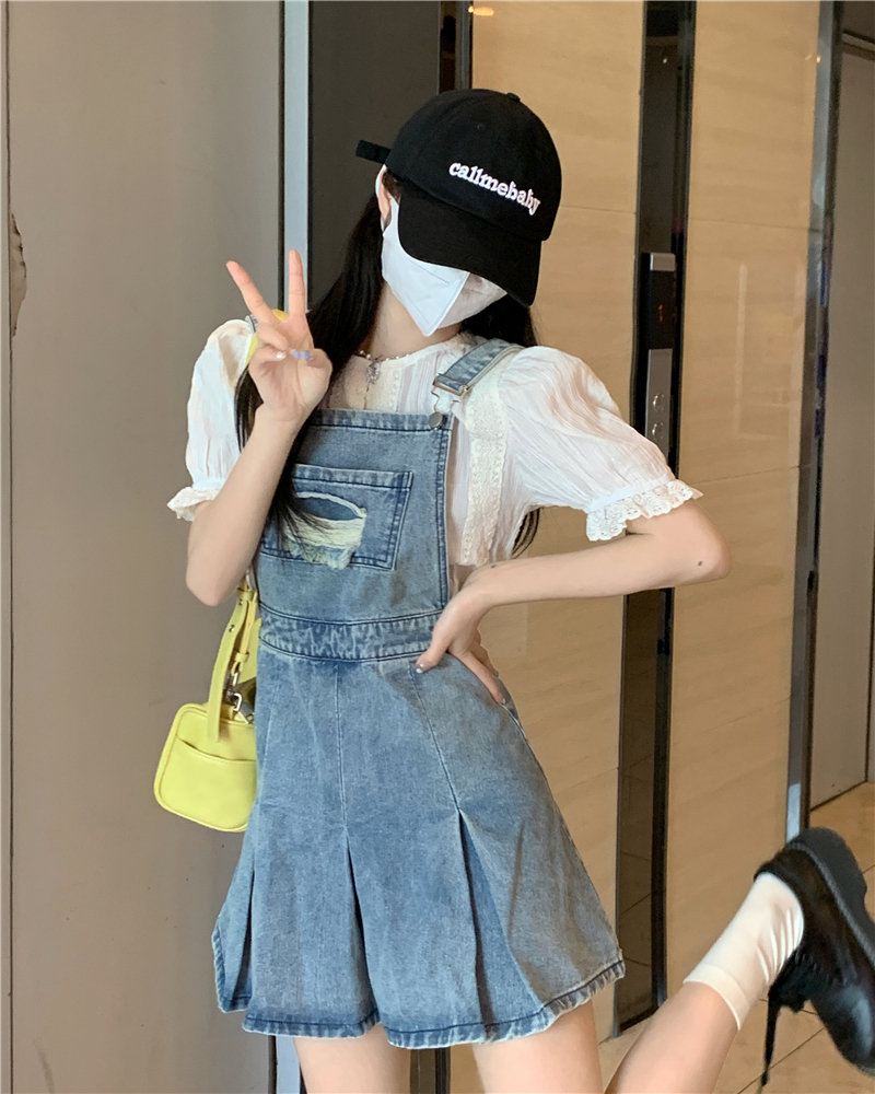 Real shooting and real price summer aging waist closing washing worn pleated denim strap skirt