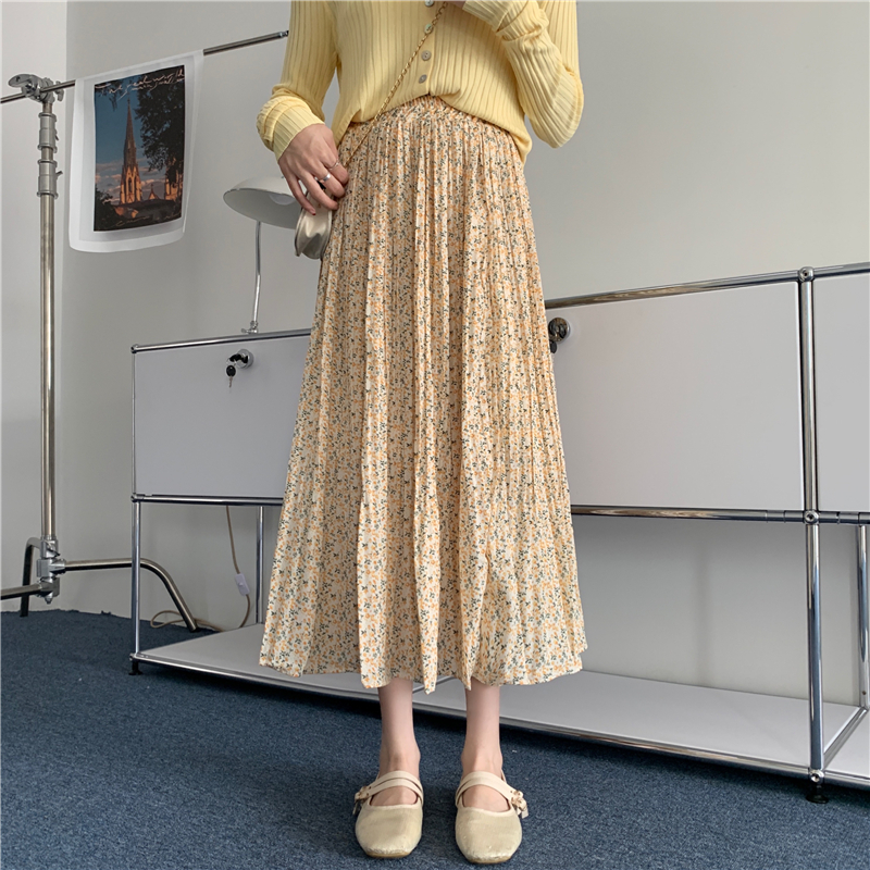 Real price ~ summer 2021 Korean high waist and thin pleated floral skirt medium length A-line skirt for women
