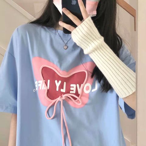 Milk Blue Short Sleeve T women's summer design sense of minority lovely bow tie half sleeve