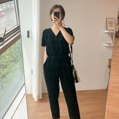 Two V-neck cotton and hemp Jumpsuit 2021 new Korean slim loose linen Jumpsuit