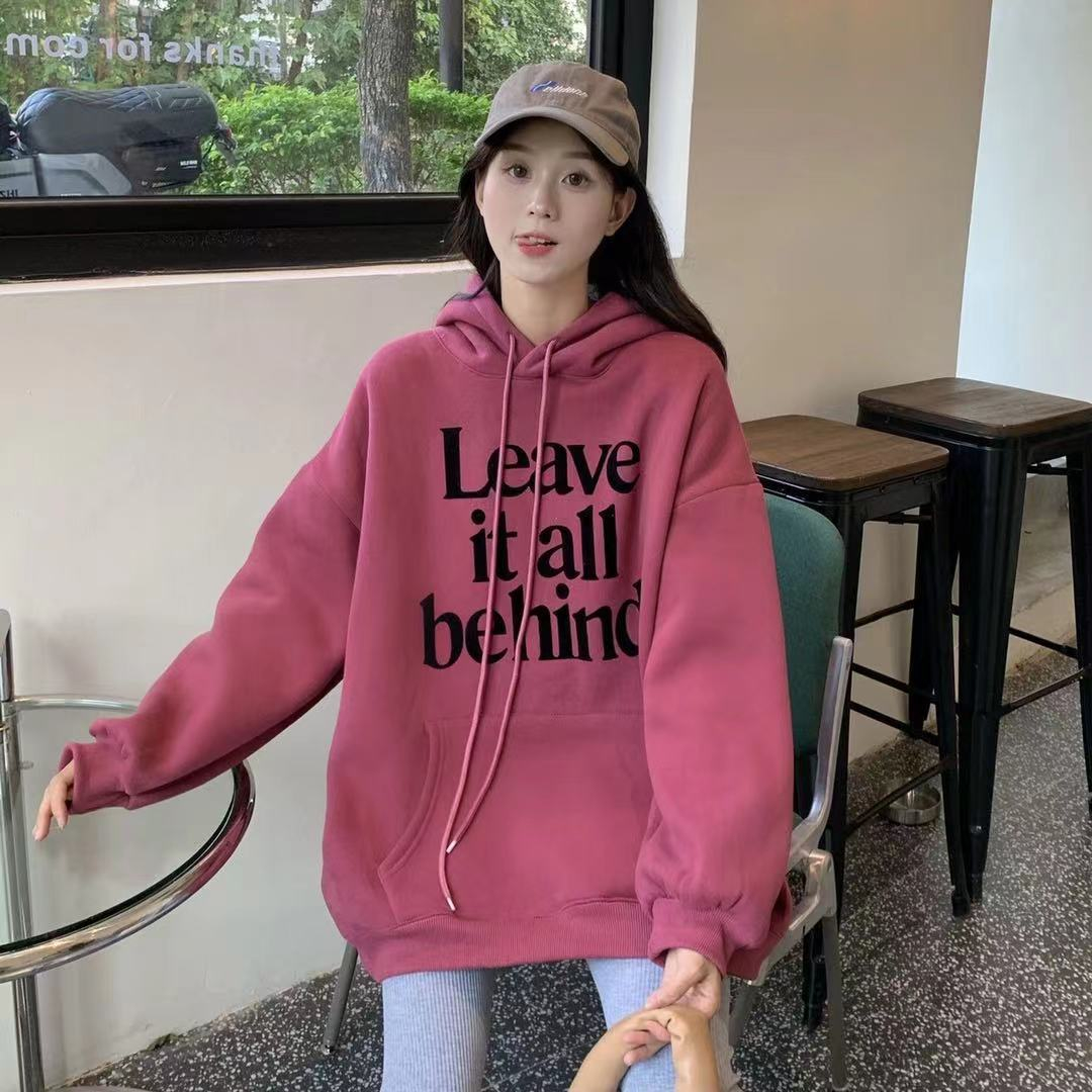 Autumn and winter new Korean letter printing loose and casual all-match hooded fleece thickened sweater
