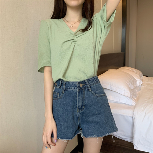 Real photo real price new pleated loose V-neck versatile T-shirt base