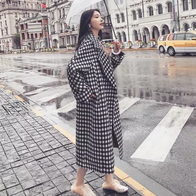 Winter new black and white long thousand bird check coat loose cocoon knee thickened retro Plaid Wool Coat women