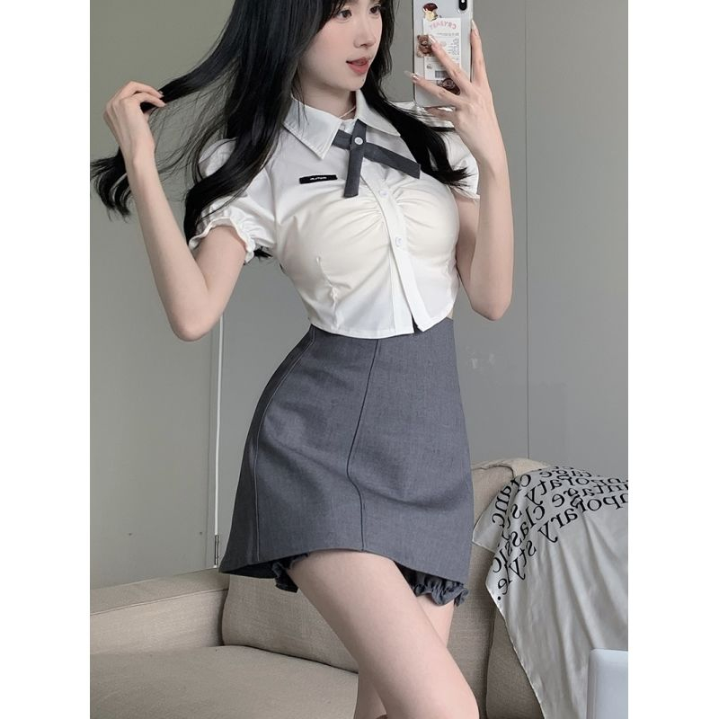 Uniform suit female 2023 summer new pure desire style hot girl white shirt skirt two-piece suit slimming new style