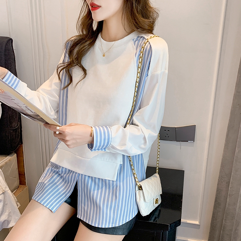Fake two piece sweater women's new women's spring and autumn thin fashion stripe stitching top Japanese and Korean style shirt
