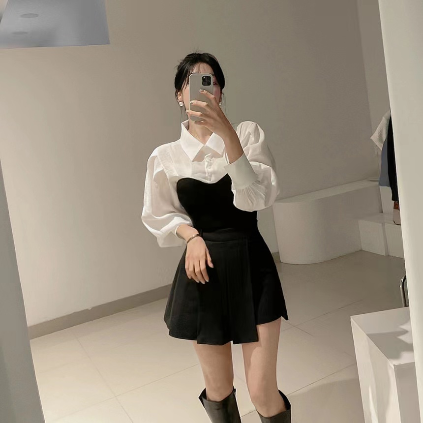Korean chic new French retro panel lapel fake two-piece foam sleeve shirt Women's thin versatile shirt